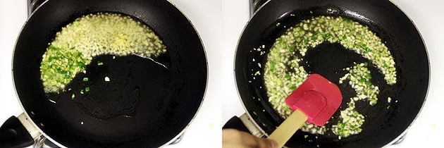 Collage of 2 images showing adding and sauteing ginger, garlic, green chili.