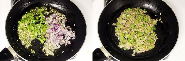 Collage of 2 images showing adding and cooking peppers and onion.