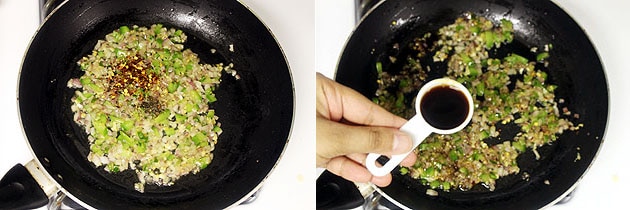 Collage of 2 images showing adding salt, pepper and soy sauce.