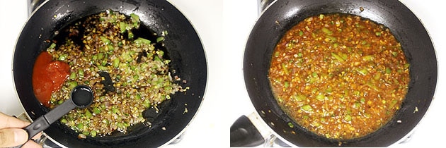 Collage of 2 images showing adding vinegar and mixing.