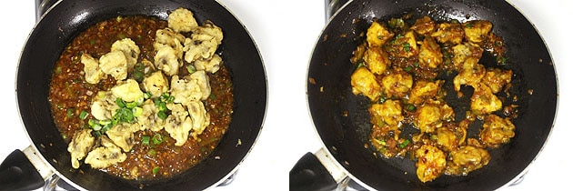 Collage of 2 images showing adding and mixing fried mushrooms and spring onion greens.