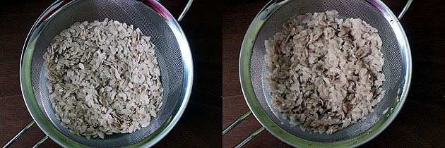 Collage of 2 images showing poha in a colander and washed.