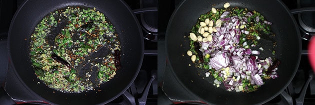 Collage of 2 images showing adding onion.