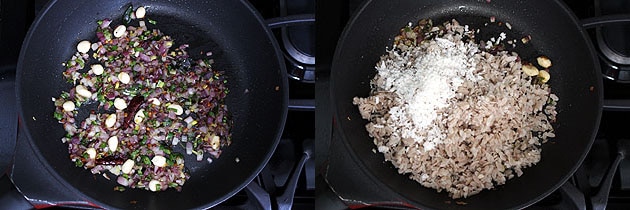 Collage of 2 images showing adding peanuts. poha and coconut.