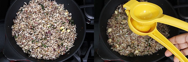 Collage of 2 images showing adding lemon juice.