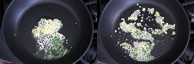 Collage of 2 images showing adding ginger, garlic, green chili and sauteing.