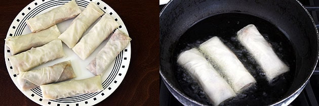 Collage of 2 images showing all shaped spring rolls in a plate and frying.