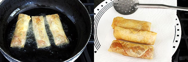 Collage of 2 images showing fried rolls and removed on a plate.