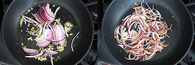 Collage of 2 images showing adding and cooking onions.