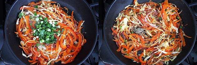 Collage of 2 images showing adding spring onions, salt and pepper.