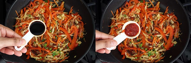 Collage of 2 images showing adding soy sauce and chili sauce.