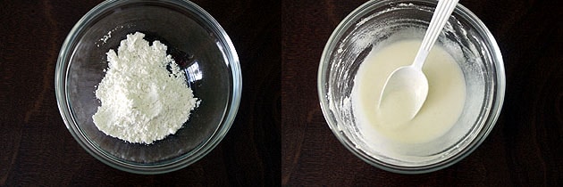 Collage of 2 images showing all purpose flour in a bowl and make a paste.