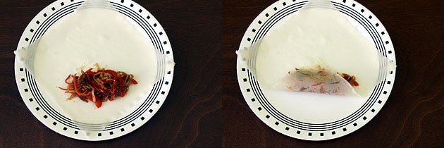 Collage of 2 images showing adding stuffing into a spring roll wrapper.