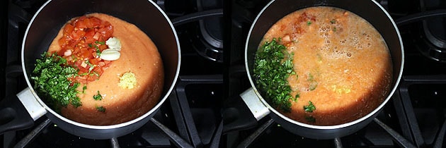 Collage of 2 images showing tomato puree, tomato, ginger, garlic and herbs in the pan with water added.