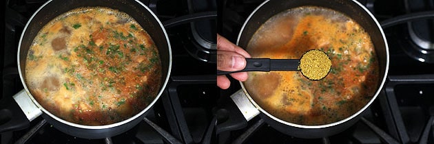 Collage of 2 images showing simmering rasam and adding rasam powder.