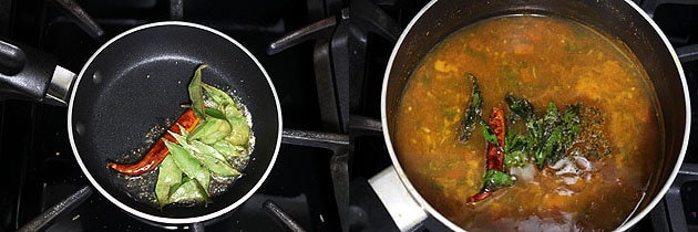 Collage of 2 images showing adding curry leaves and dried chili in the tempering and added to the rasam.
