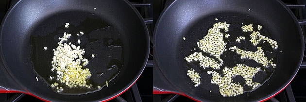 Collage of 2 images showing adding and cooking ginger, garlic.