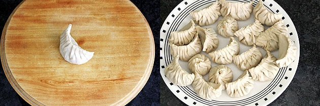 Collage of 2 images showing momos in a plate.