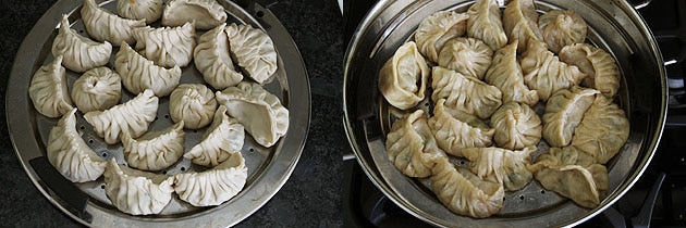 Collage of 2 images showing momos arranged in a steamer and steamed momos.