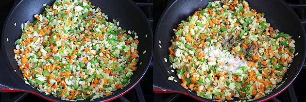 Collage of 2 images showing cooked veggies and adding salt, pepper.