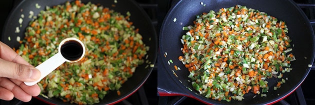 Collage of 2 images showing adding and mixing soy sauce.