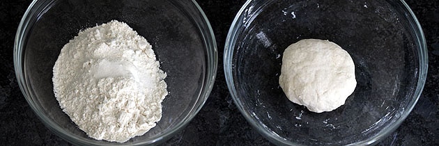 Collage of 2 images showing flour in a bowl and ready dough.