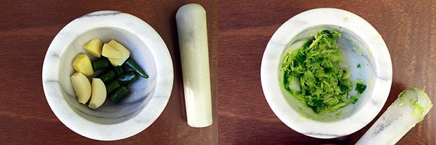Collage of 2 images showing ginger, garlic, green chili in mortar pestle and crushed.