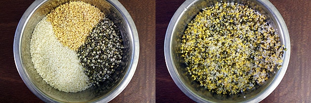 Collage of 2 images showing dal and rice in a bowl and rinsed.