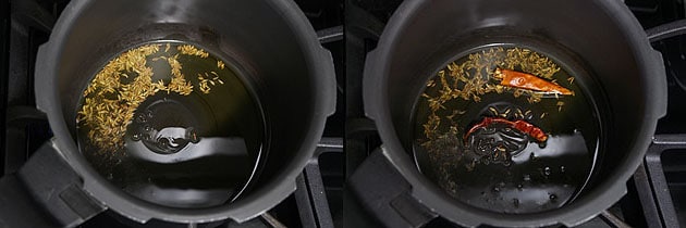 Collage of 2 images showing tempering of mustard, cumin, dried chili.