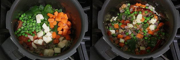 Collage of 2 images showing adding and cooking veggies.