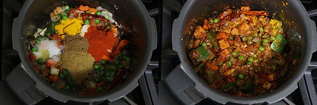 Collage of 2 images showing adding and mixing spice powders.