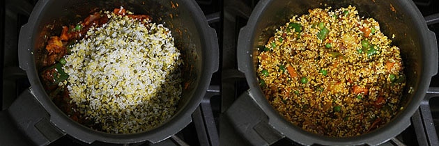 Collage of 2 images showing adding rinsed dal-rice and mixed.