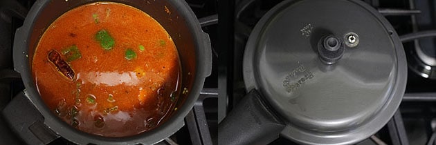 Collage of 2 images showing adding water and covered pressure cooked with lid.