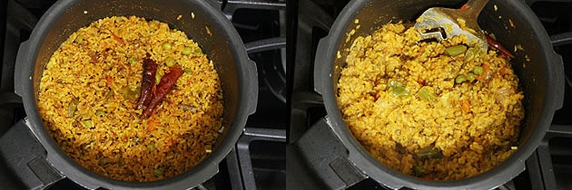 Collage of 2 images showing cooked khichdi and mixed.