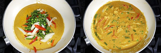 Collage of 2 images showing adding cooked veggies and mixed.