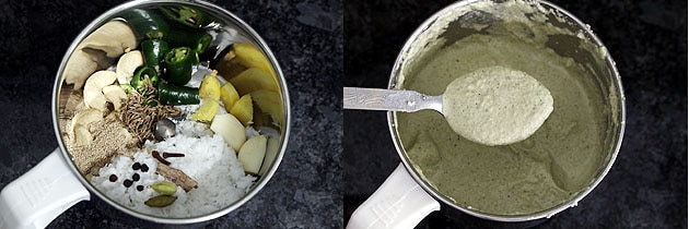 Collage of 2 images showing paste ingredients in a grinder and ready paste.