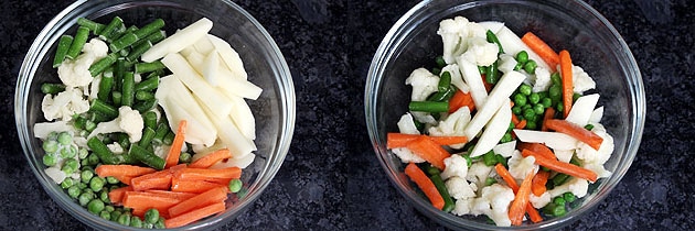 Collage of 2 images showing mixed veggies in a bowl and cooked.