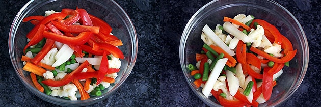 Collage of 2 images showing adding red peppers and cooked.