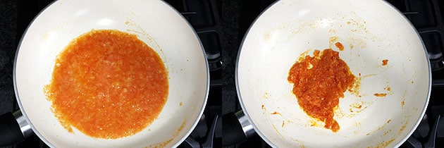 Collage of 2 images showing adding and cooking tomato puree.