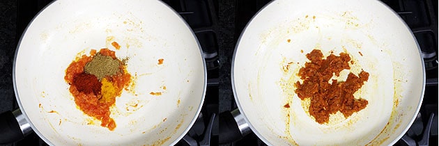 Collage of 2 images showing adding and mixing spice powders.