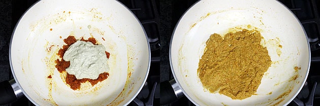 Collage of 2 images showing adding and mixing prepared paste.