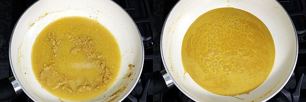 Collage of 2 images showing adding water and simmering gravy.