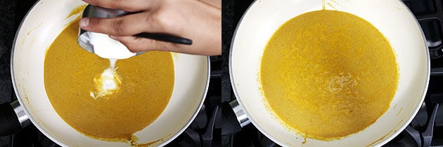 Collage of 2 images showing adding and mixing whisked yogurt.