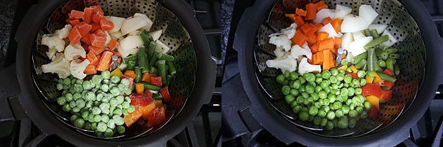 Collage of 2 images showing veggies in a steamer basket and cooked veggies.