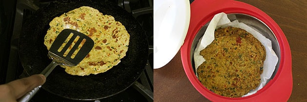 Collage of 2 images showing cooking another side and cooked paratha stack in a container. 