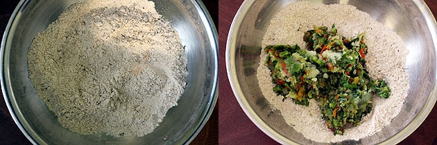 Collage of 2 images showing adding mashed veggies to the flour.