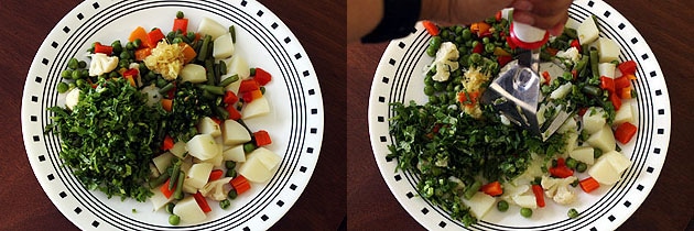 Collage of 2 images showing cooked veggies, herbs and ginger, chili in a plate and mashing.