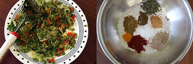 Collage of 2 images showing mashed veggies and flour with spices in another bowl.