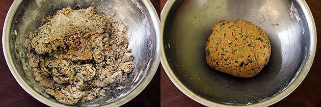 Collage of 2 images showing mixing and ready dough.