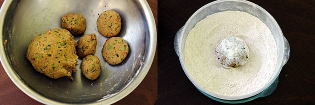 Collage of 2 images showing small dough balls and dusted with flour.
